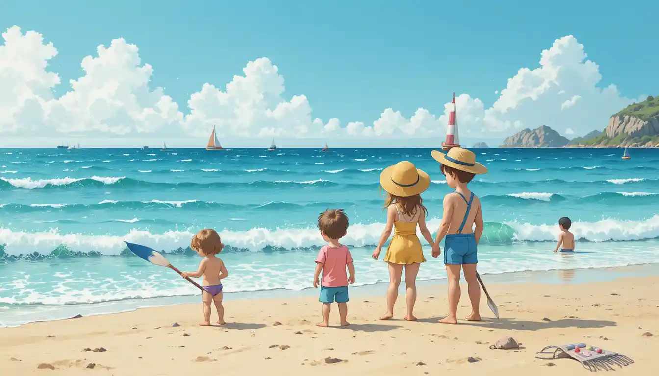 Cozy watercolor illustration of families relaxing on the beach