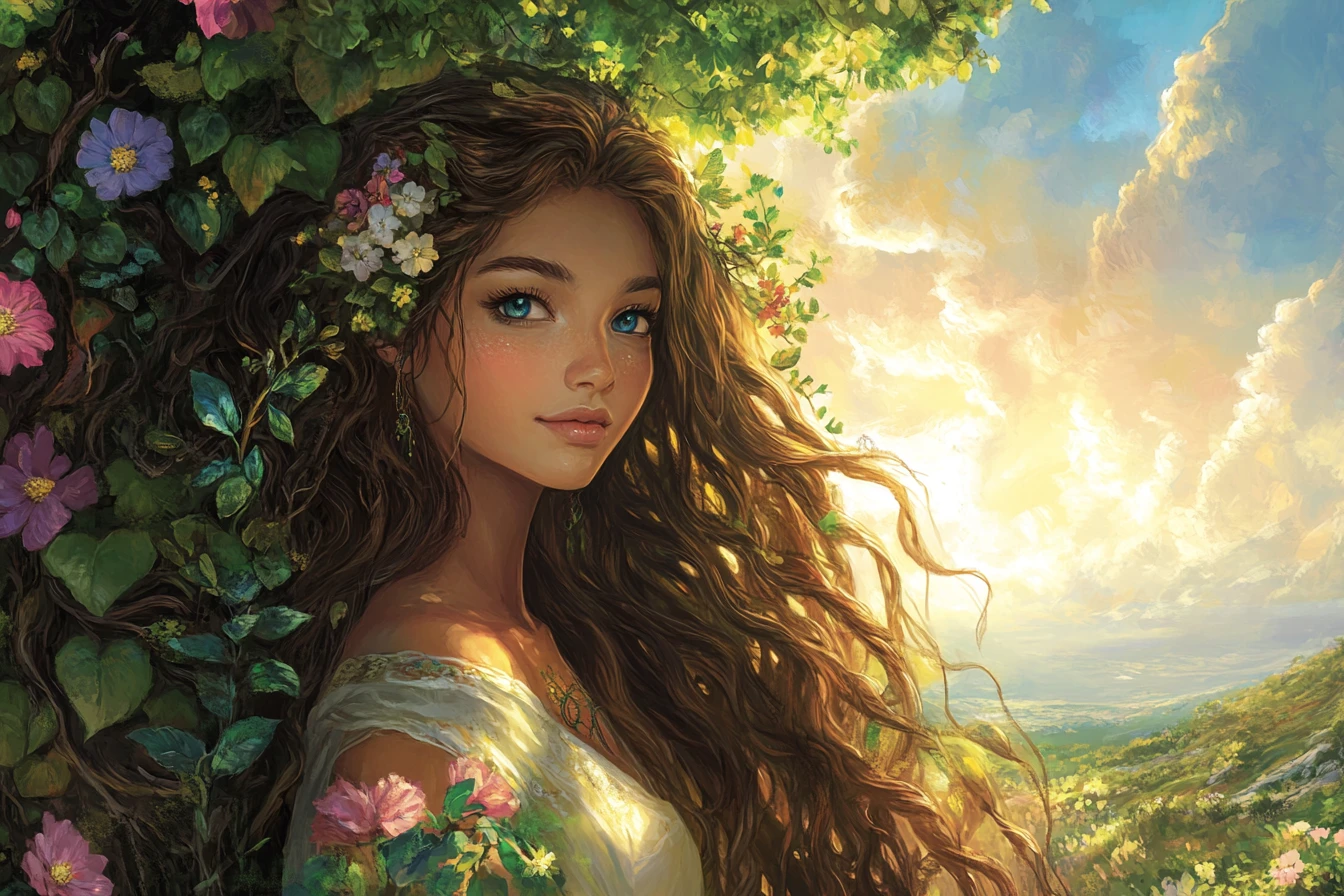 Serene nature goddess standing on a sunlit hill
