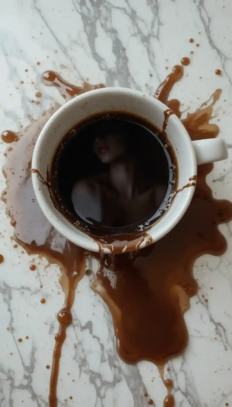 Visage sensuel émergeant d’un café renversé sur une table