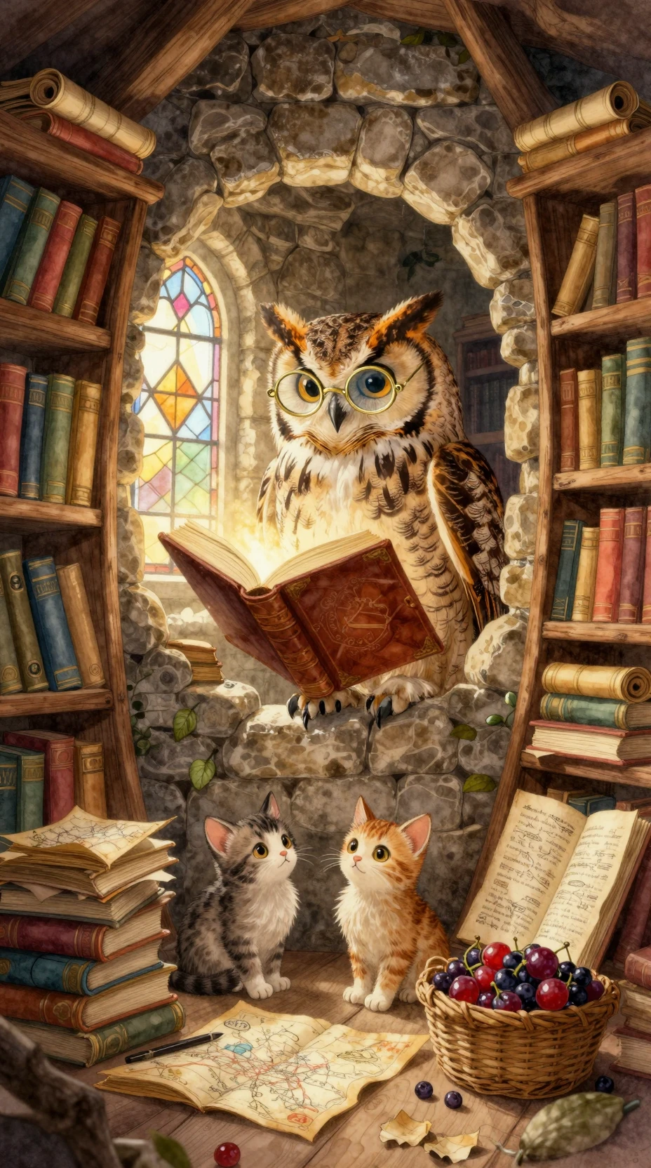 Coruja erudita lendo em uma aconchegante biblioteca em torre circular