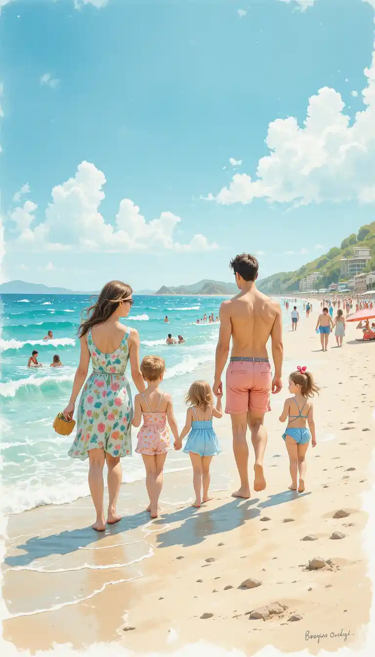 Cozy watercolor families enjoying a sunny day at the beach