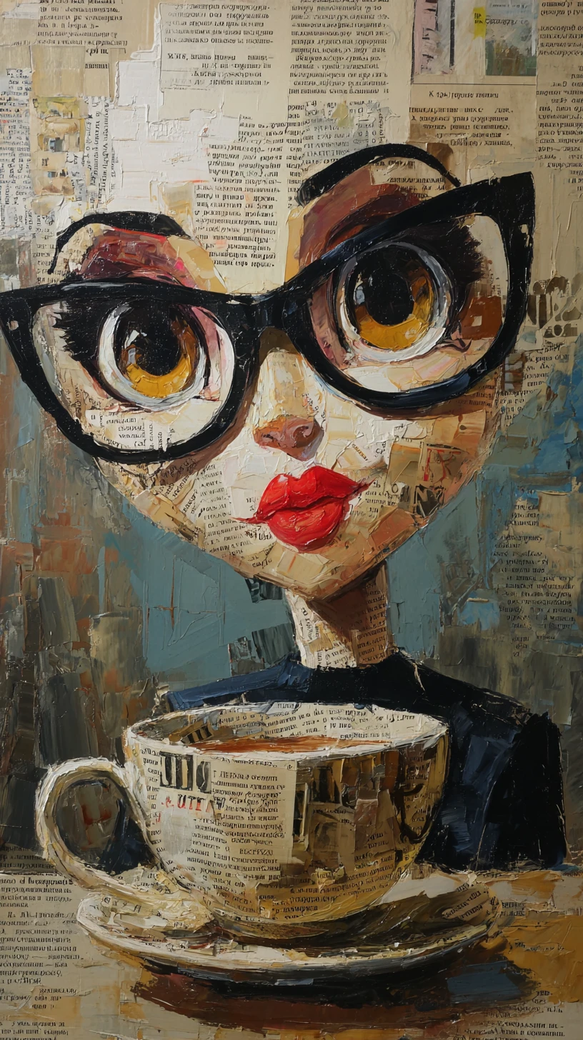Personagem de Xícara de Café Surreal Escrevendo em uma Biblioteca Aconchegante