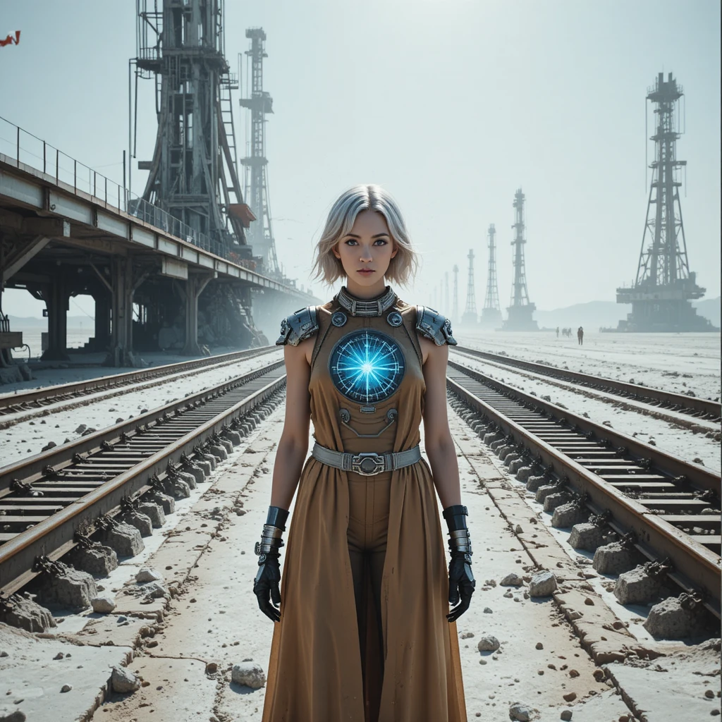 Cyberpunk heroine under corroded platform in salt flat terminal