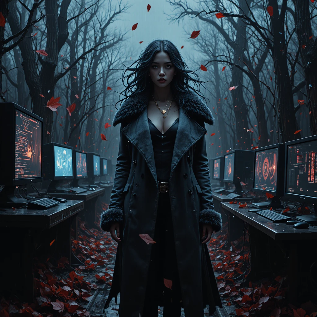 Heroína cyberpunk entre floresta moribunda e telas de hackers