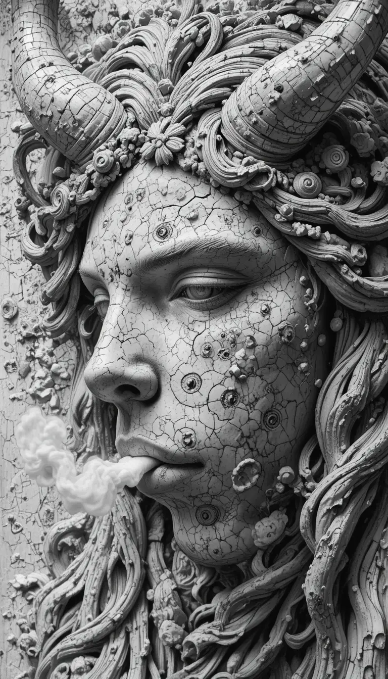 Close up bas relief face of smoking female demon statue