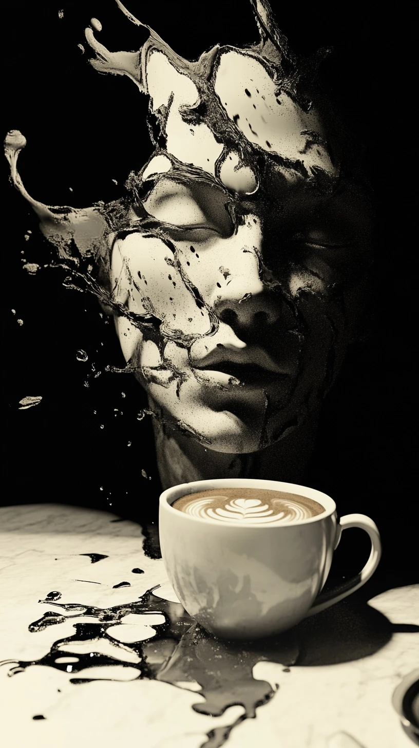 Café renversé formant un visage et une silhouette humaine courbée