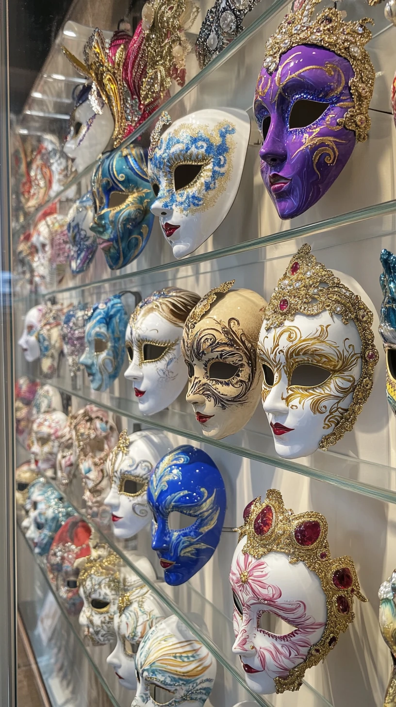 Venetian carnival masks displayed in elegant glass frames