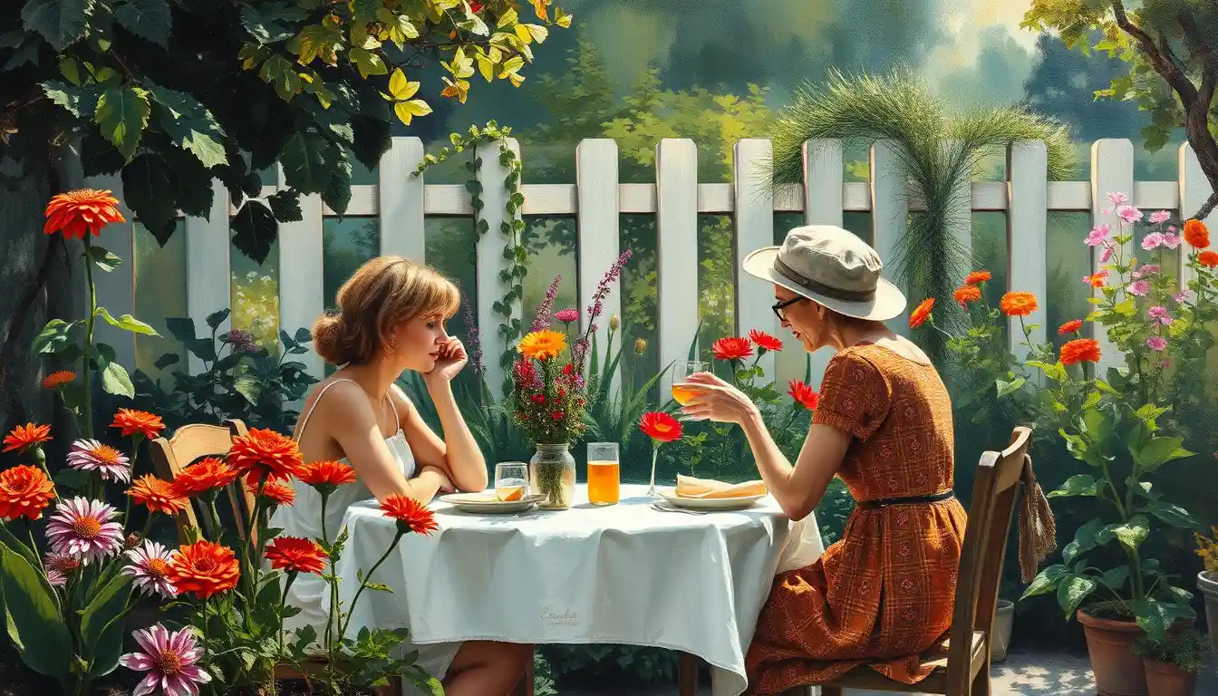 Couple Having Lunch In A Lush Vegetable Garden