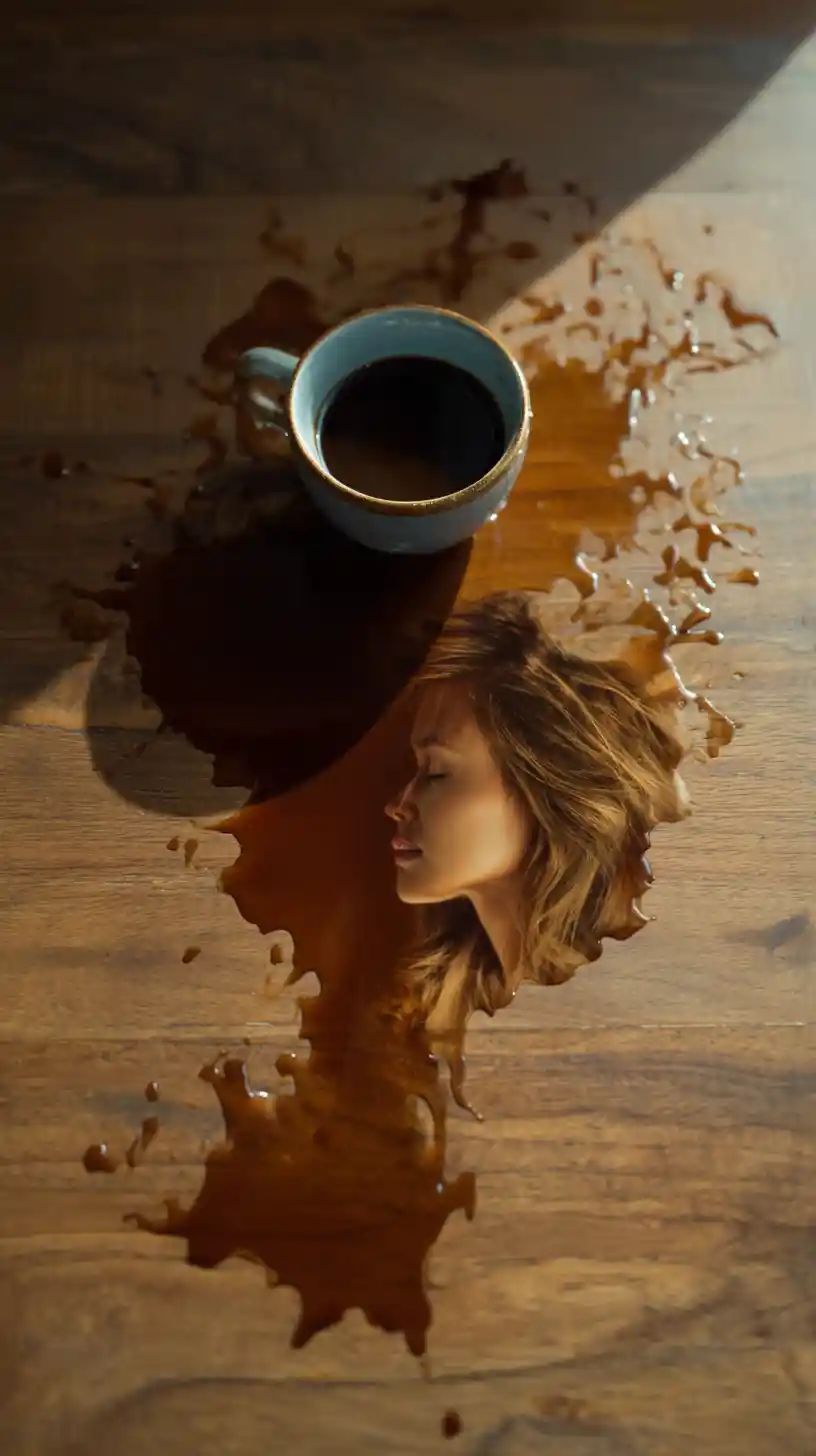 Du café renversé formant une silhouette féminine sur une table