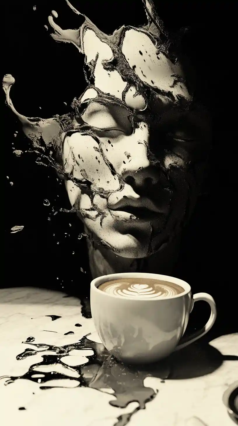 Spilled Coffee Forming A Face And Curved Human Silhouette