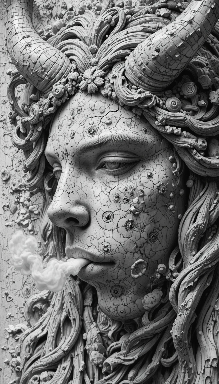 Close up bas relief face of smoking female demon statue