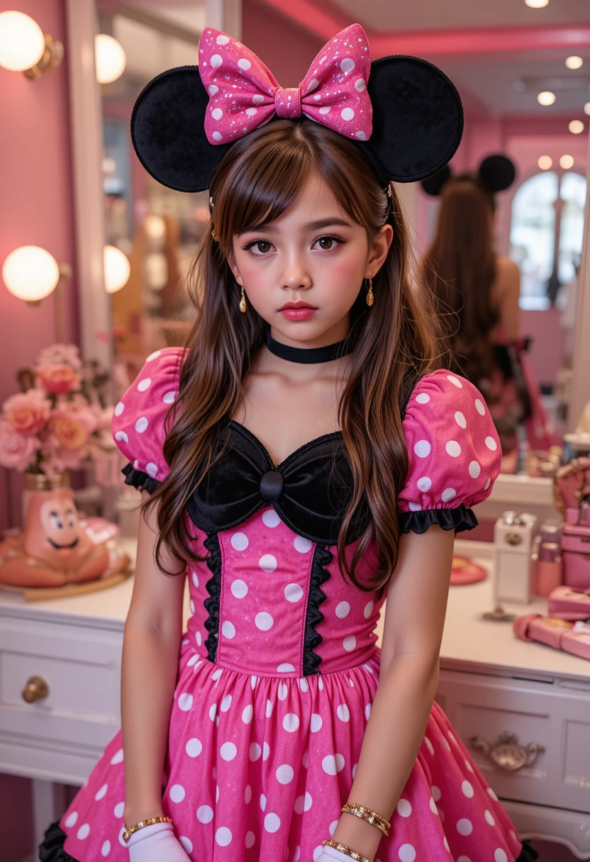 Garoto pré-adolescente nervoso com roupa da Minnie Mouse em penteadeira de boutique