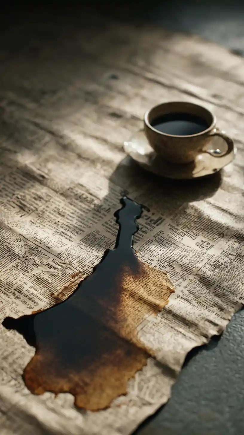 Verschüttete Kaffeetasse bildet eine feminine Silhouette auf dem Tisch