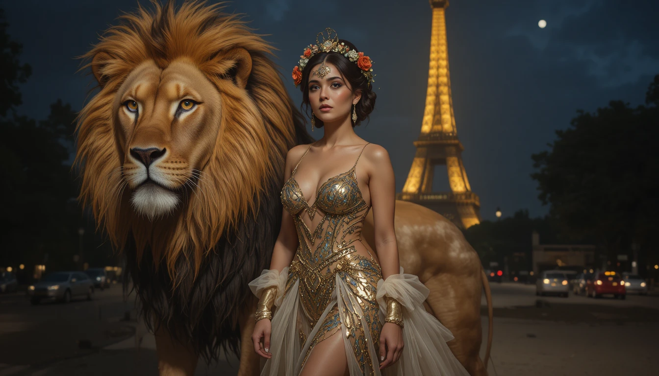 Femme élégante avec lion dans une luxueuse scène de studio nocturne