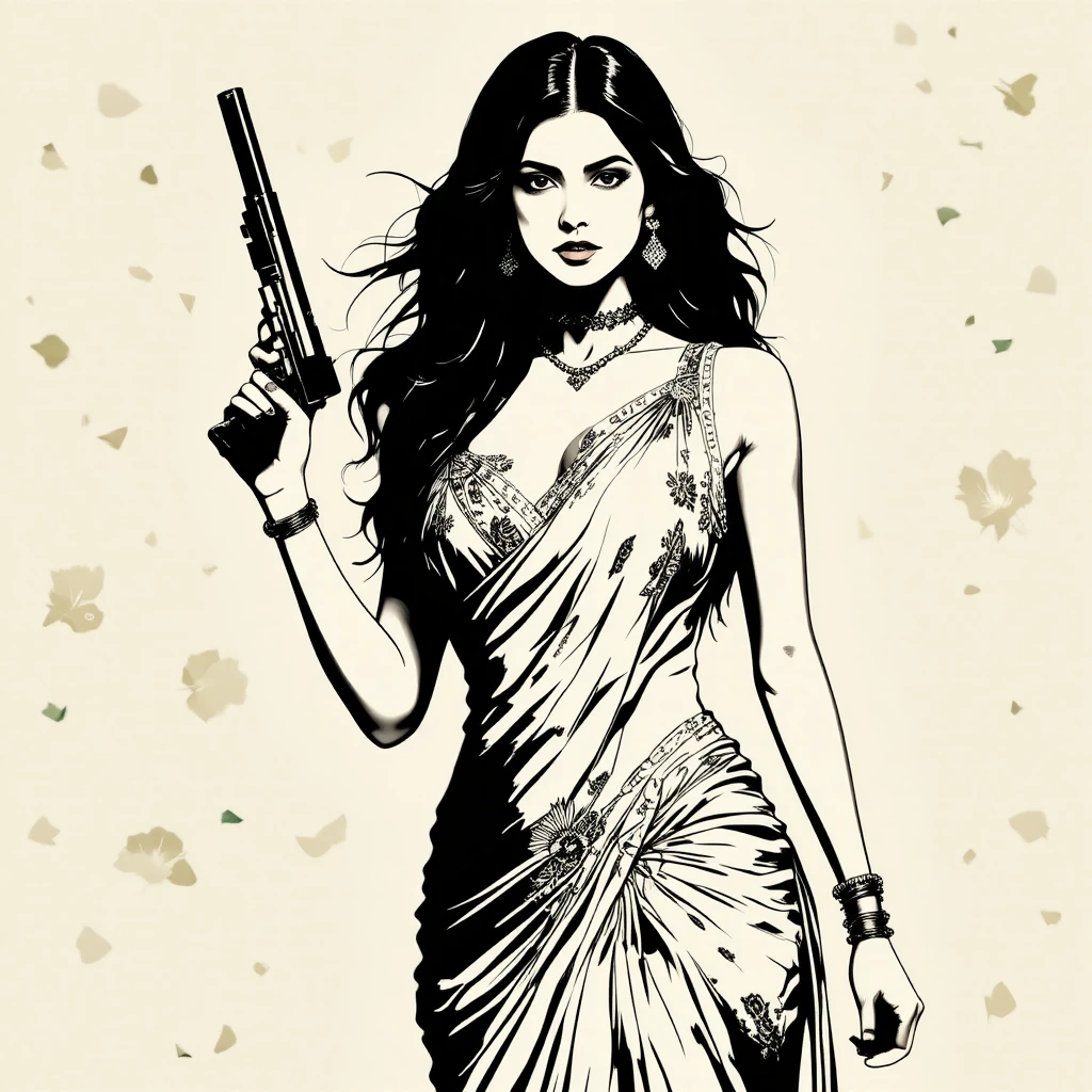 Indian warrior woman silhouette holding a gun in vector art