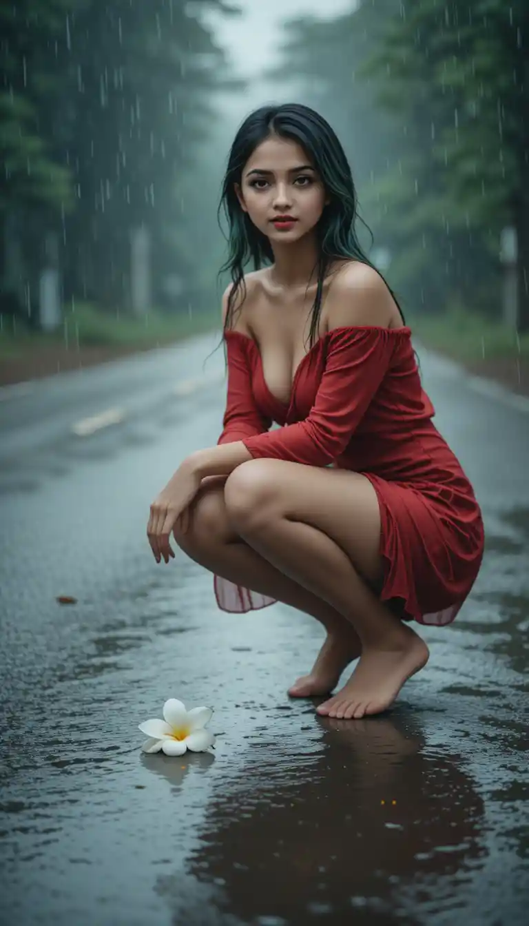 Giovane donna dai capelli verdi su una strada di campagna sotto la pioggia