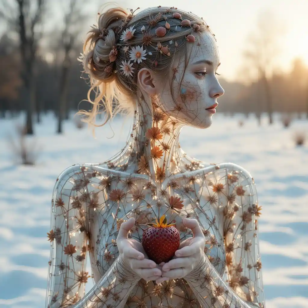 Glass haired transparent woman holding dried flowers at dawn