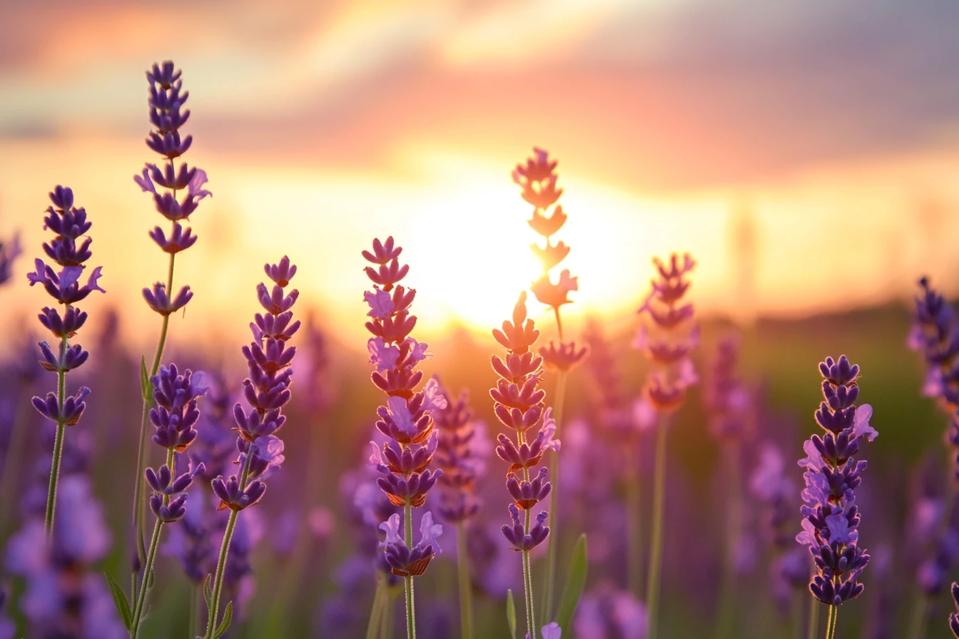 Campo di lavanda al tramonto con nuvole soffici e luce calda