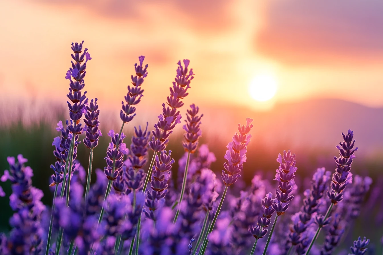 Campo di lavanda che ondeggia dolcemente sotto un caldo tramonto