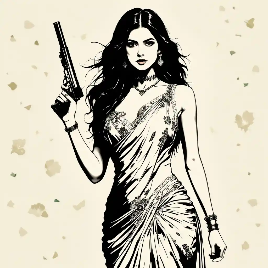 Indian warrior woman silhouette holding a gun in vector art