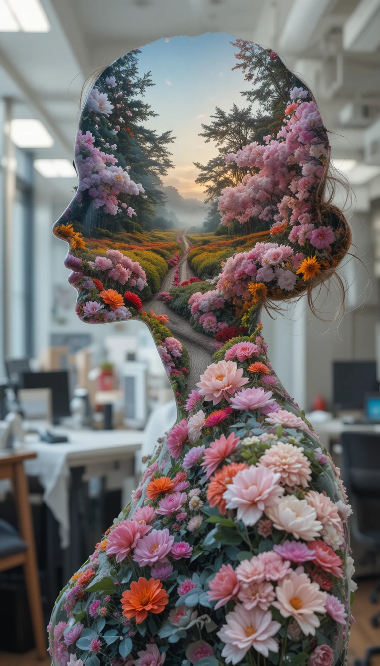 Silhueta feminina floral em dupla exposição em um escritório