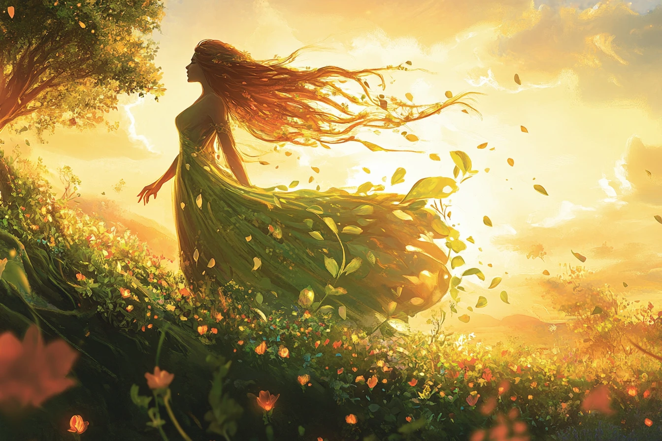 Serene earth goddess standing on a flower covered hill