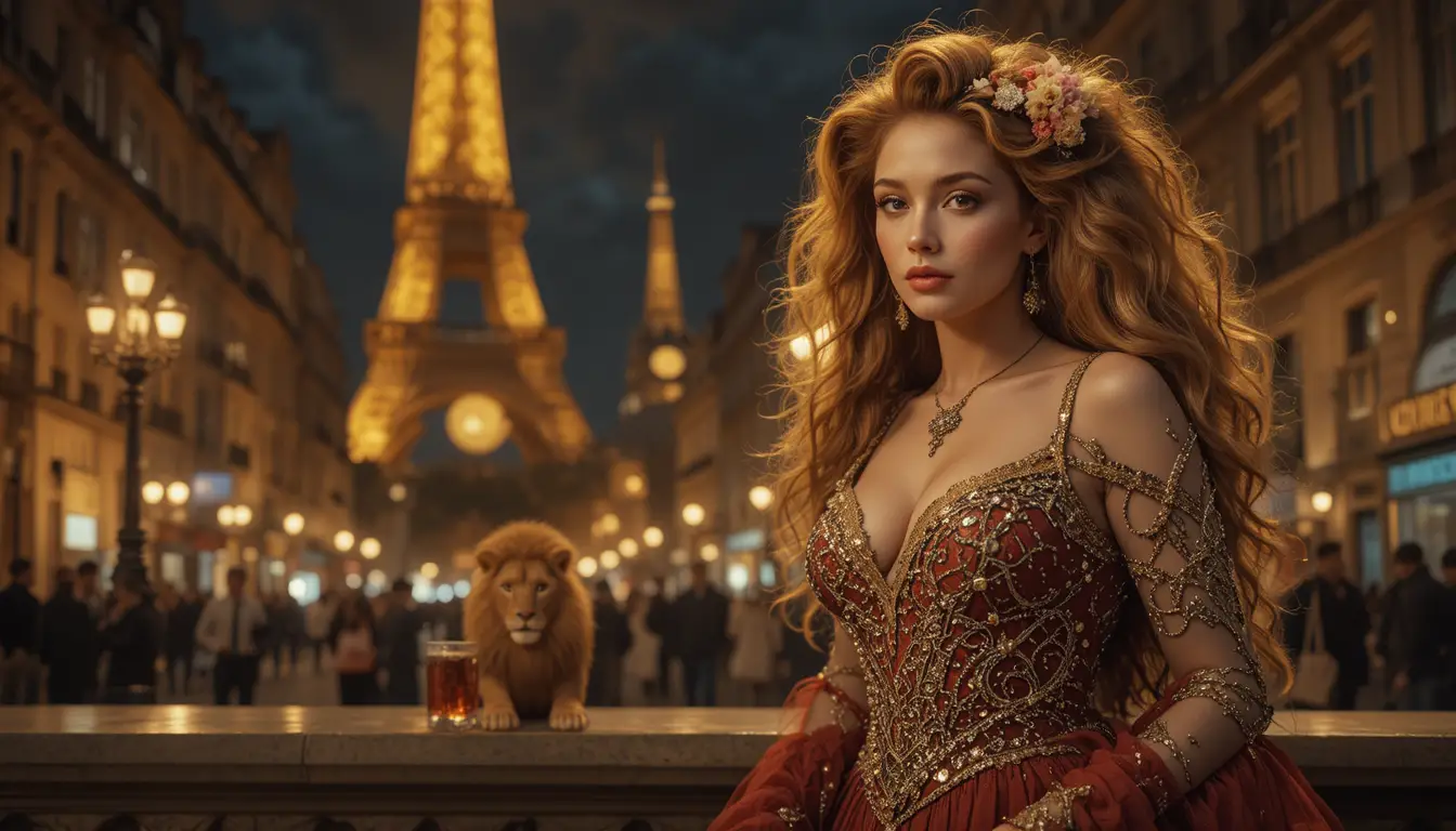 Donna elegante con leone in una notte parigina illuminata da luce calda