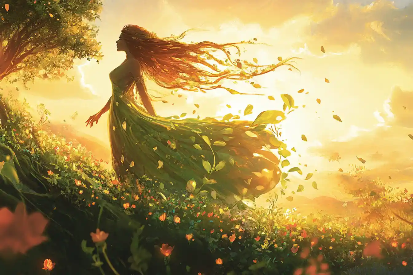 Serene earth goddess standing on a flower covered hill