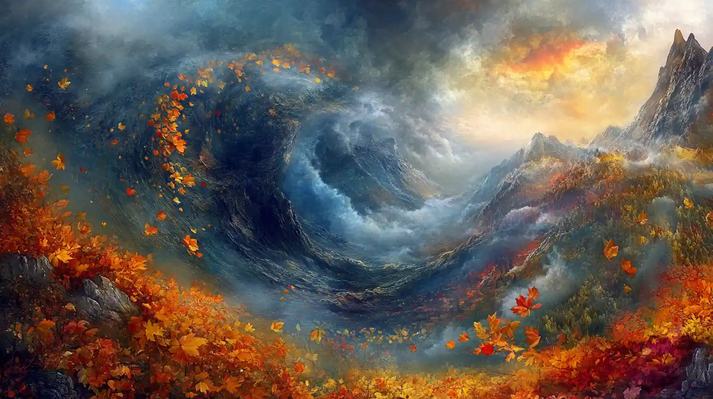 Surreale Herbstlandschaft mit wirbelnden bunten Blättern