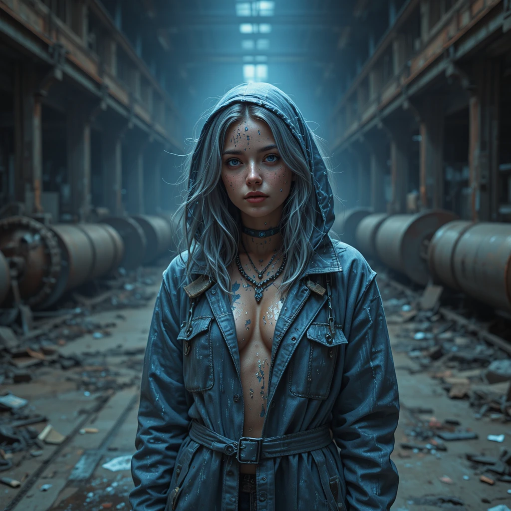 Femme surréaliste se dissolvant en code glitch dans une usine sombre