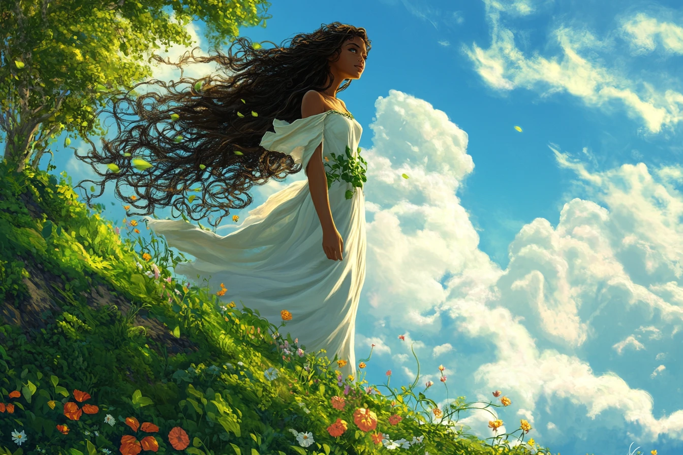 Serene nature goddess standing on a hill at sunrise