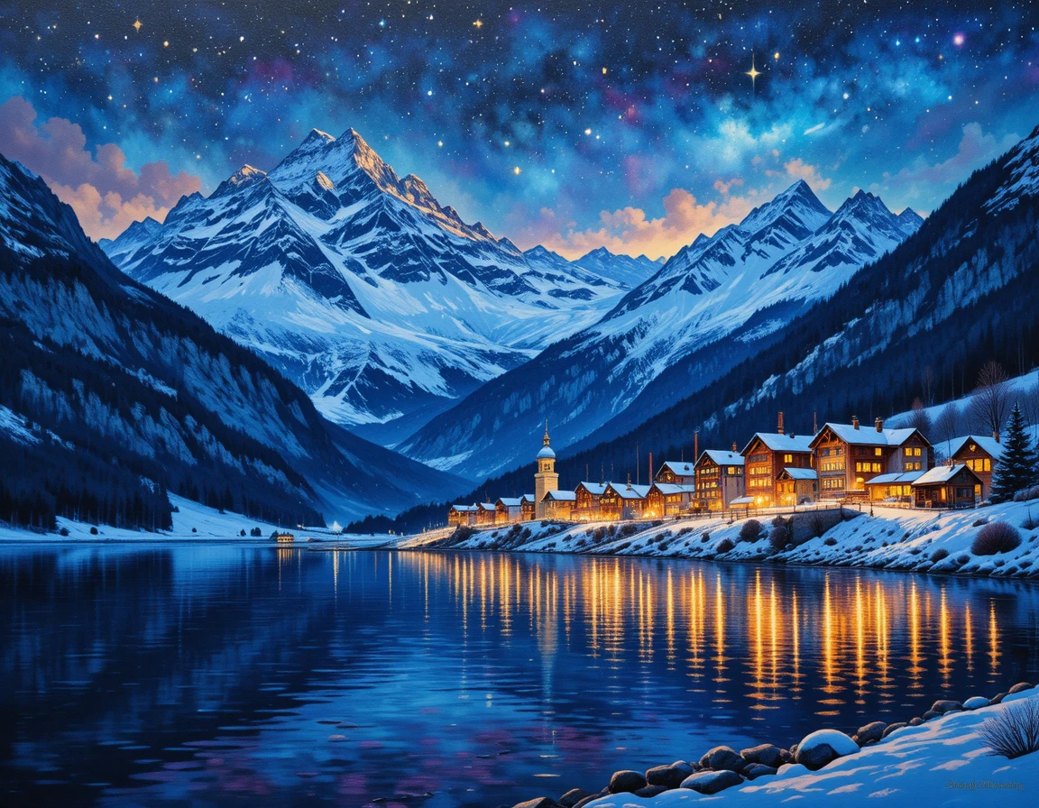 Luci di una cittadina di montagna innevata riflesse in un lago calmo