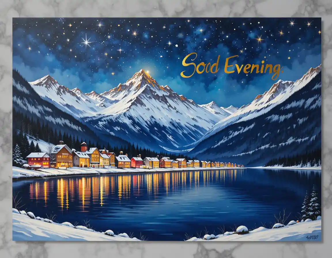 Cittadina di montagna innevata di notte accanto a un lago riflettente