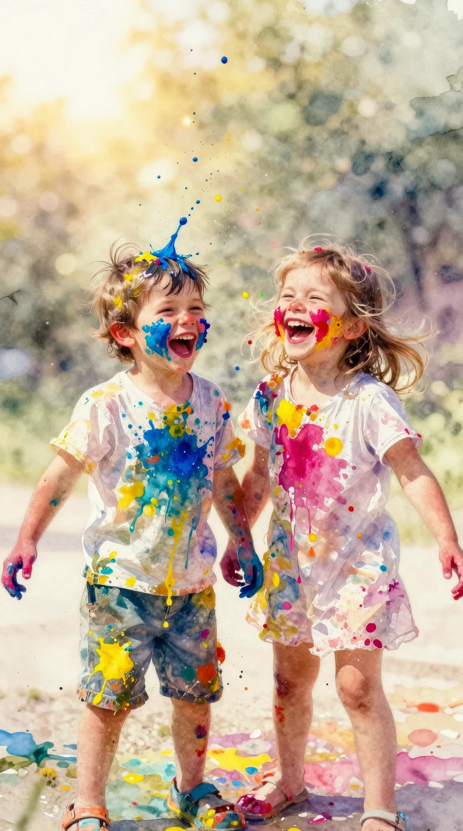 Enfants rieurs éclaboussant de la peinture colorée dans un portrait à l’aquarelle