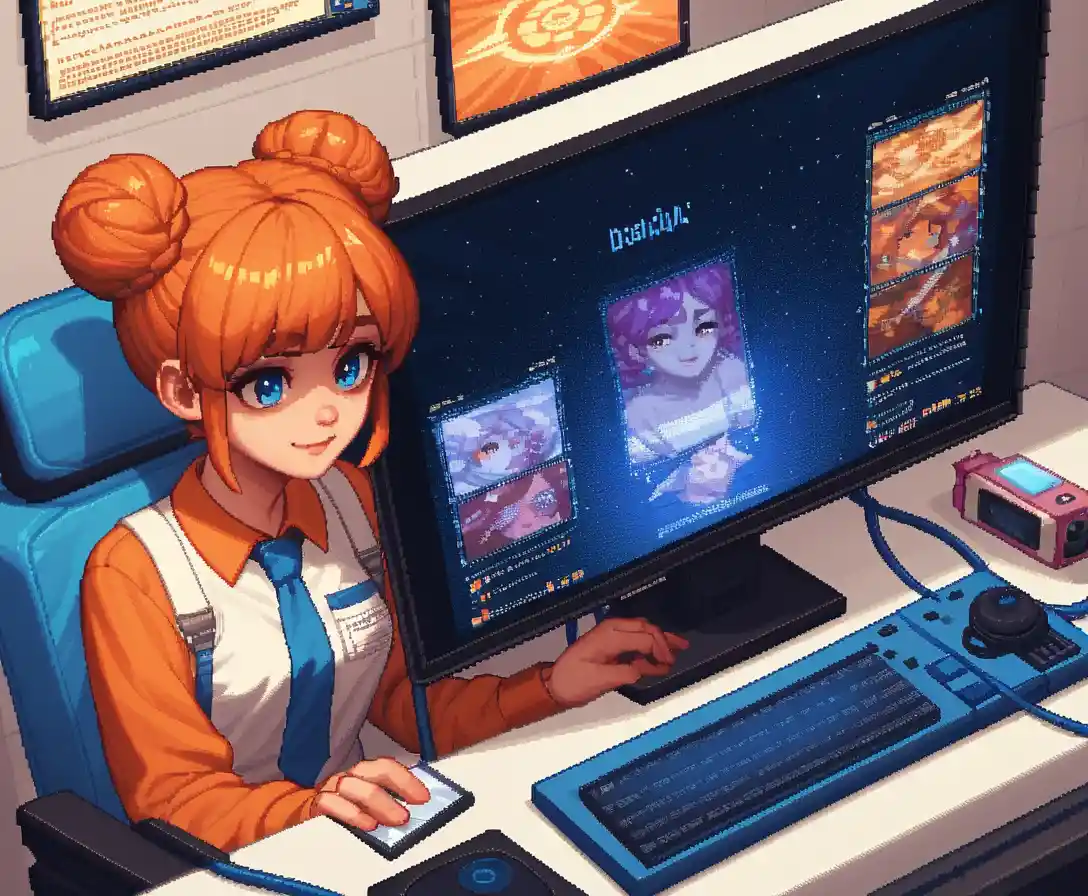 Retro-Pixelart-Mädchen auf PC-98-Style-Weltraumstationsbildschirm