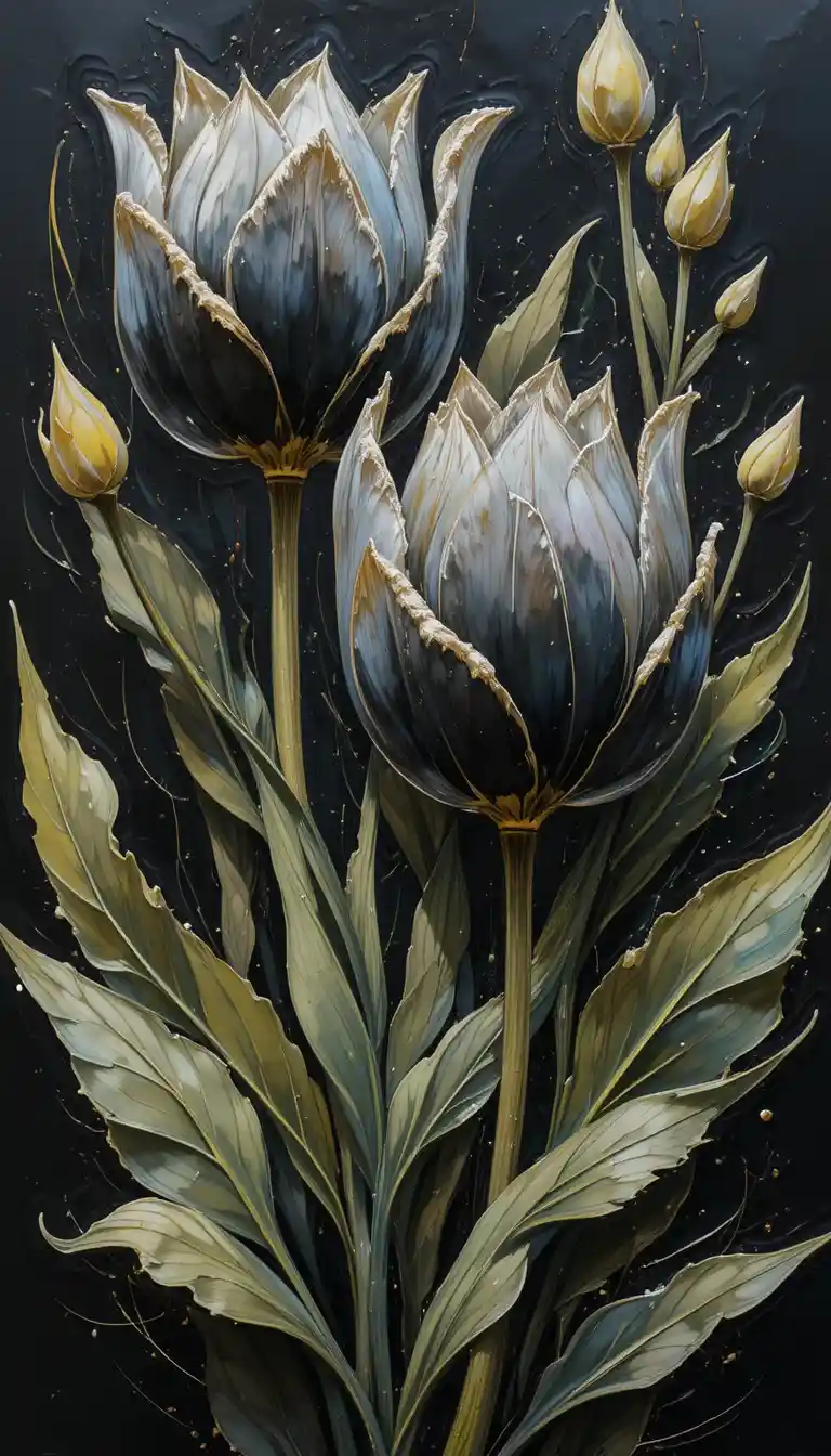 Close up oil painting of dark tulips with abstract pistachio leaves