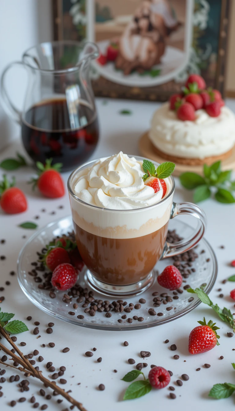 Prato de sobremesa com café com chantilly e frutas vermelhas frescas