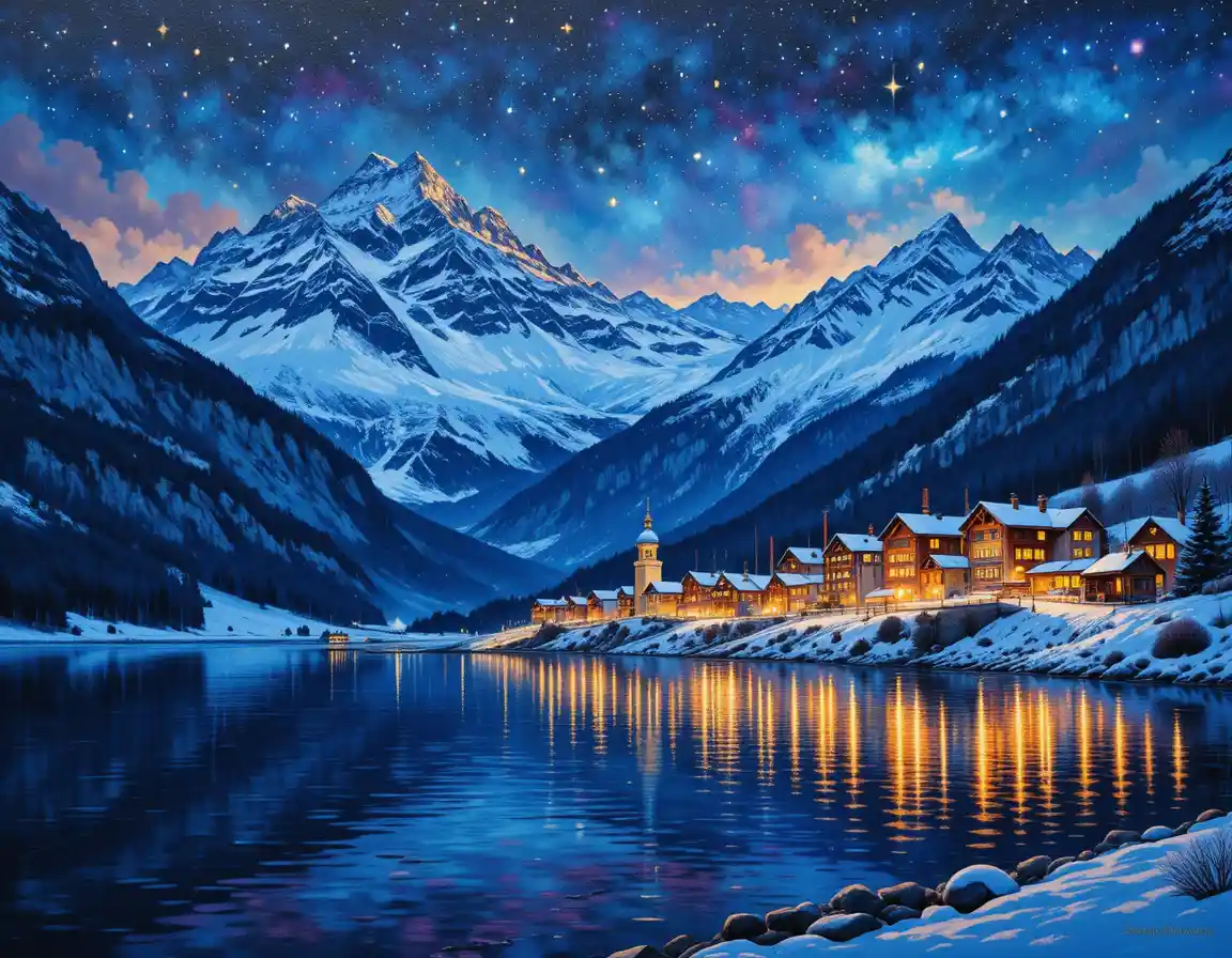 Lichter einer verschneiten Bergstadt, die sich in einem ruhigen See spiegeln