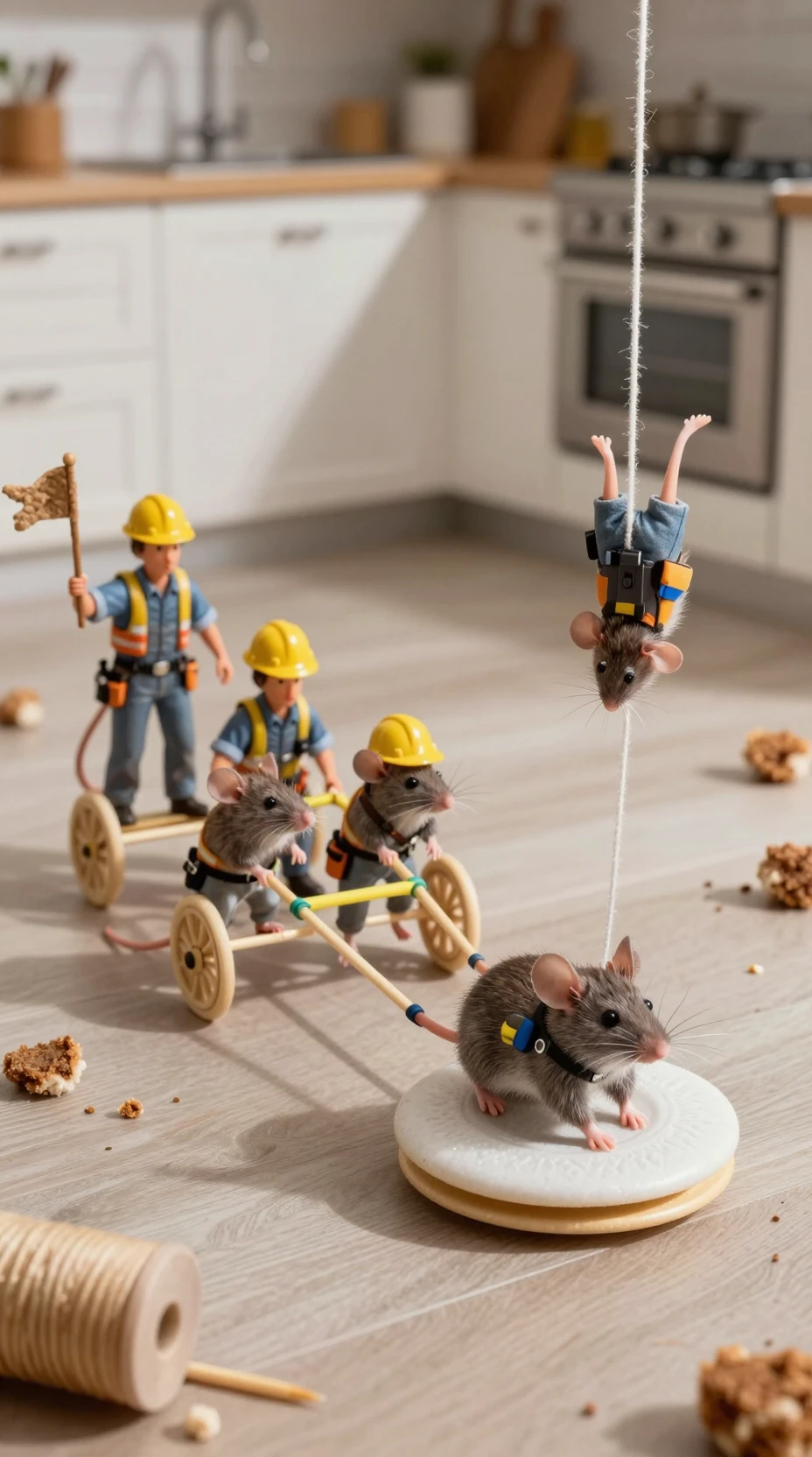Ratos-do-campo usando um mini engenho para mover um anel de cereal