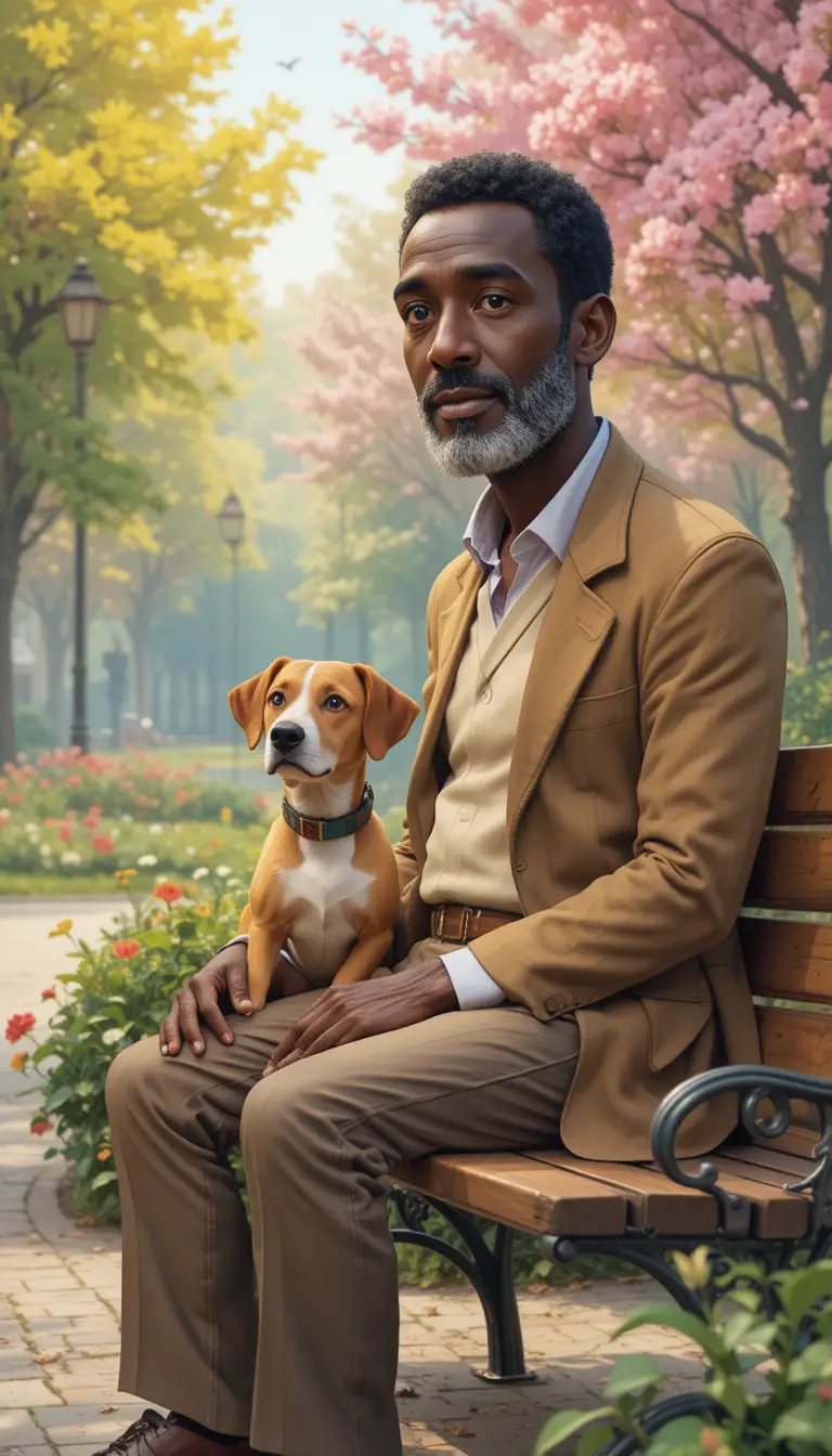 African grandfather and dog relaxing on a park bench