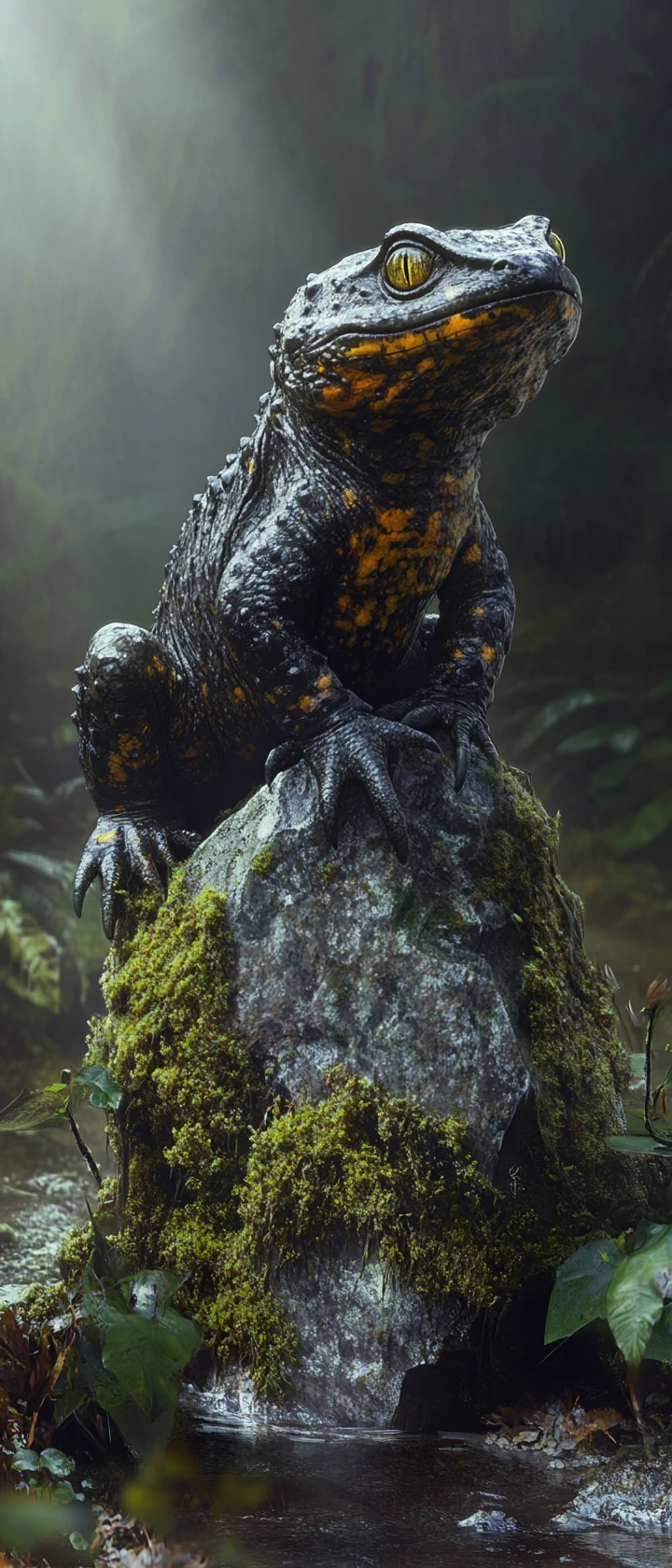 Uralter Salamander auf Stein in einem mystischen nebligen Sumpf