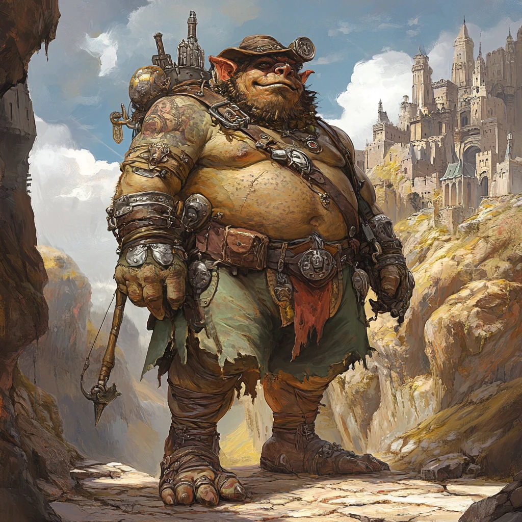 Roi troll royal devant un immense château de pierre fantastique
