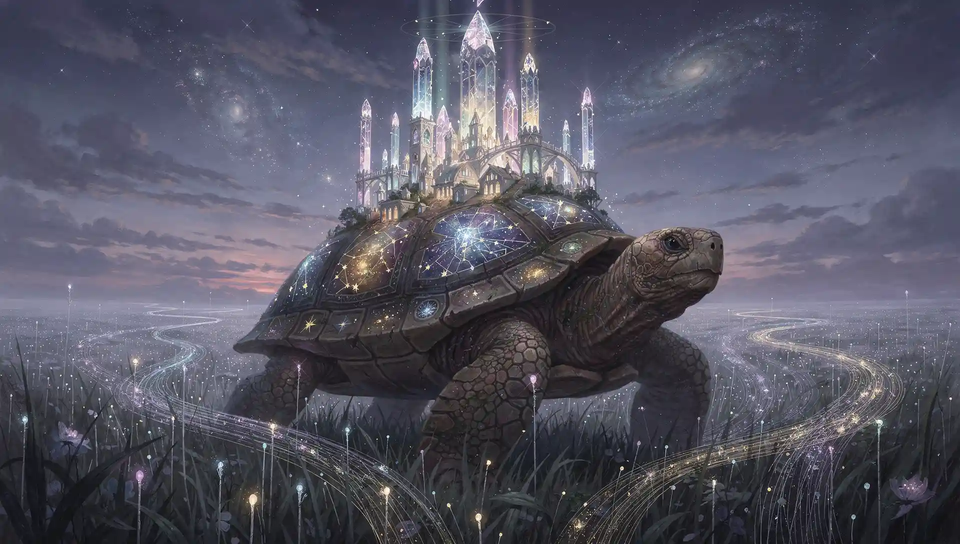 Ancient tortoise carrying a crystal city through twilight meadow