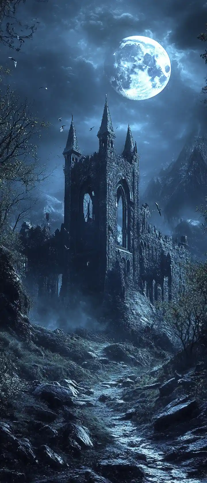 Moonlit castle ruins beside a dark enchanted forest