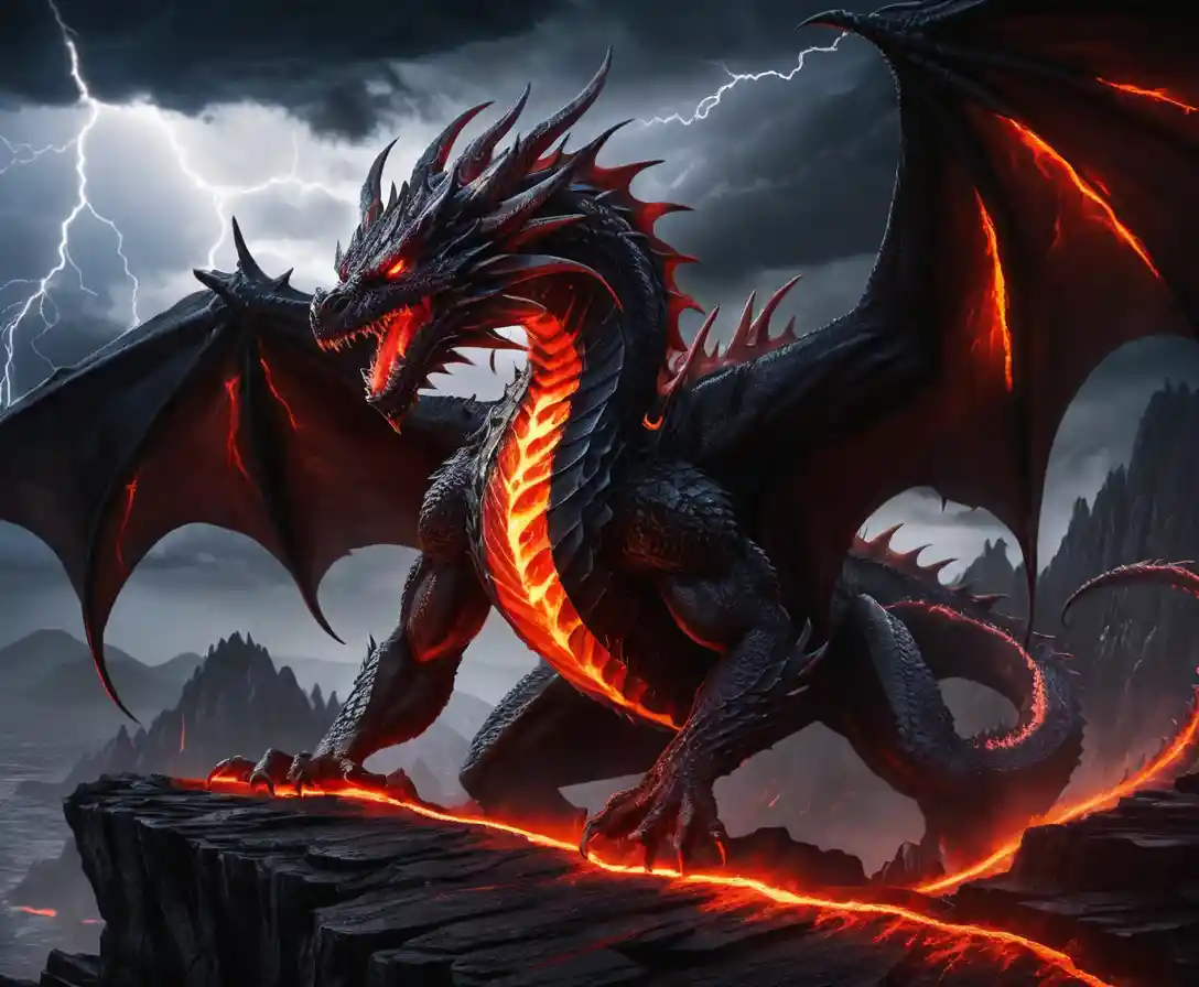 Drago nero su scogliere fuse in una tempesta violenta