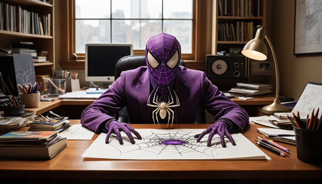 Aranha de desenho animado com heterocromia em uma mesa de storyboard