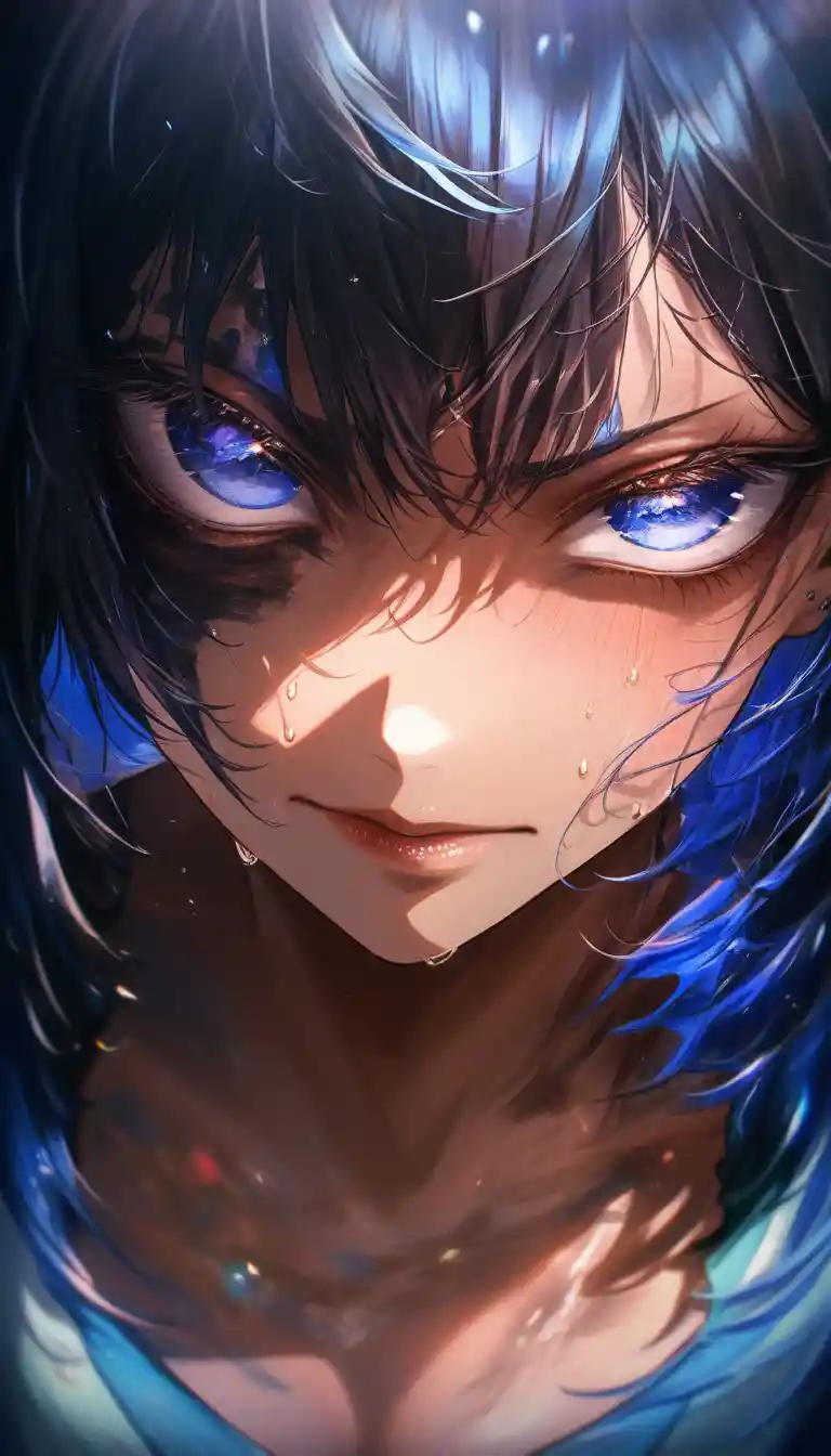 Close up anime girl with anguished blue eyes and shame