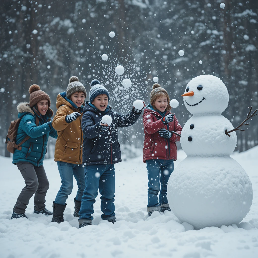 Niños felices jugando a una guerra de bolas de nieve en invierno