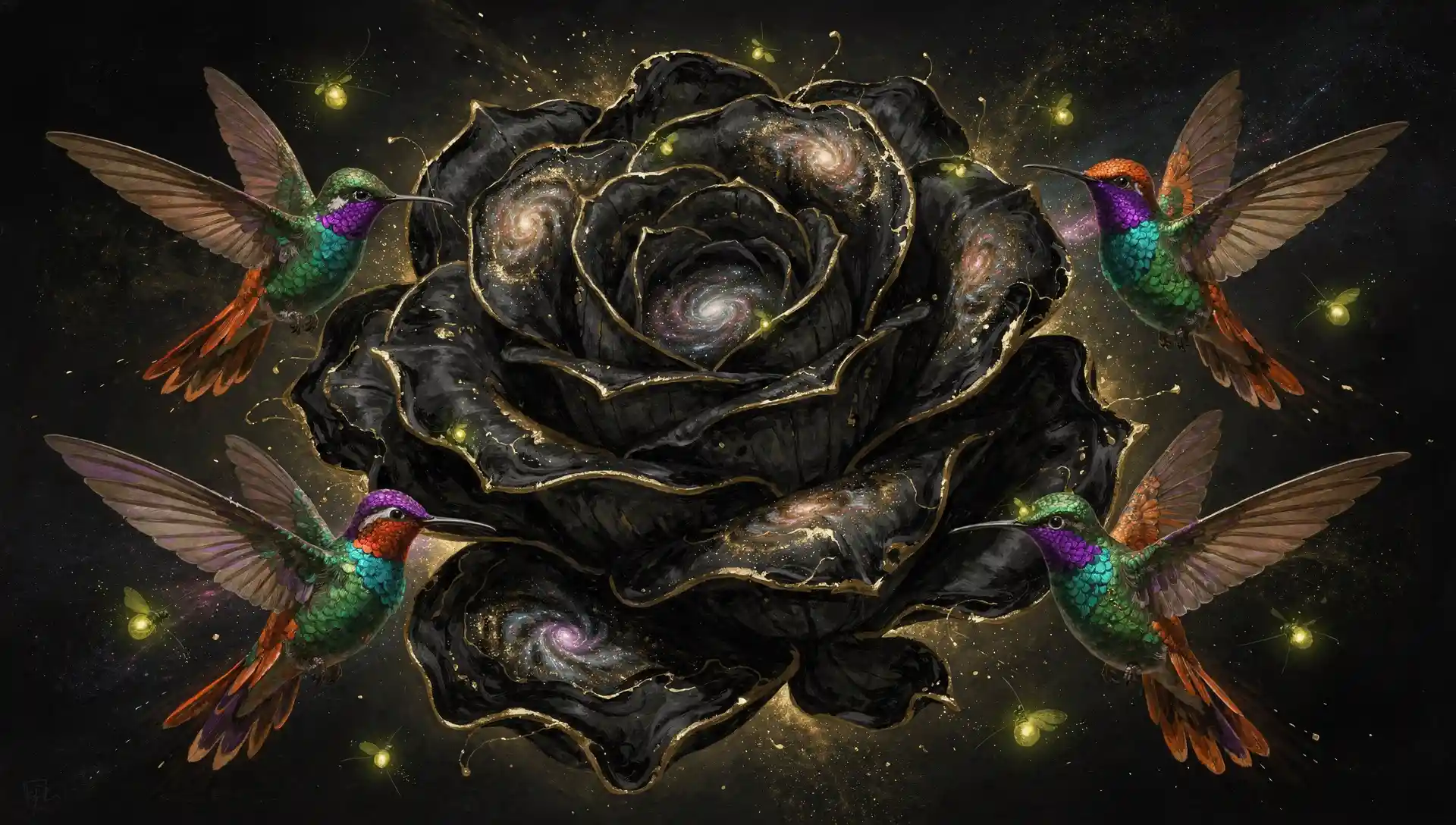 Des Colibris Planent Autour d’une Rose Cosmique d’Encre