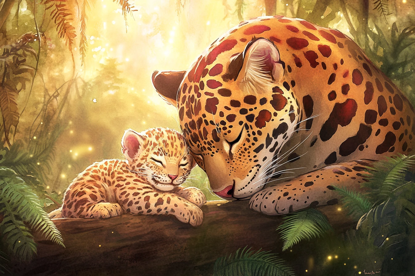 Onça-pintada mãe abraçando filhote recém-nascido em floresta tropical com neblina